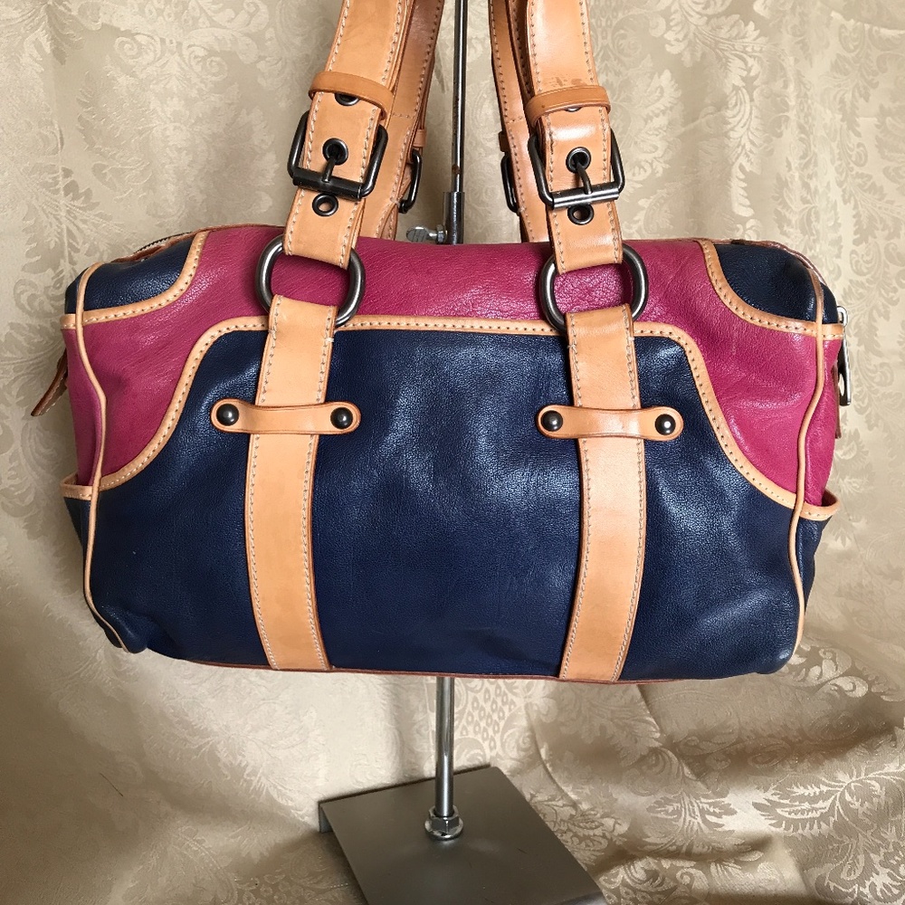 Celine Color Block Leather Satchel Handbag